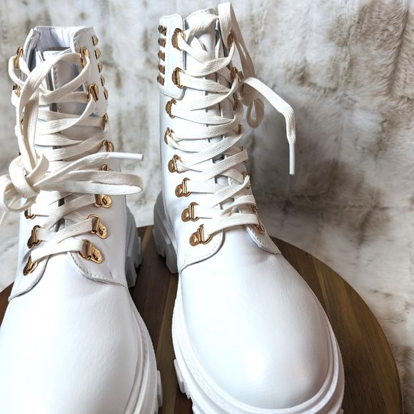 * Mata Shoes White Vegan Leather Studded Detail Fashion Combat Ankle Boots - Picture 11 of 15